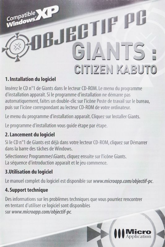 Manual for Giants: Citizen Kabuto (Windows) (Objectif PC release (Micro Application 2004)): Quick Start Guide - Front (2-folded)
