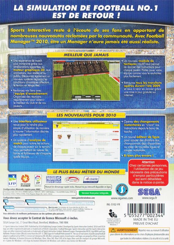 Back Cover for Football Manager 2010 (Macintosh and Windows)