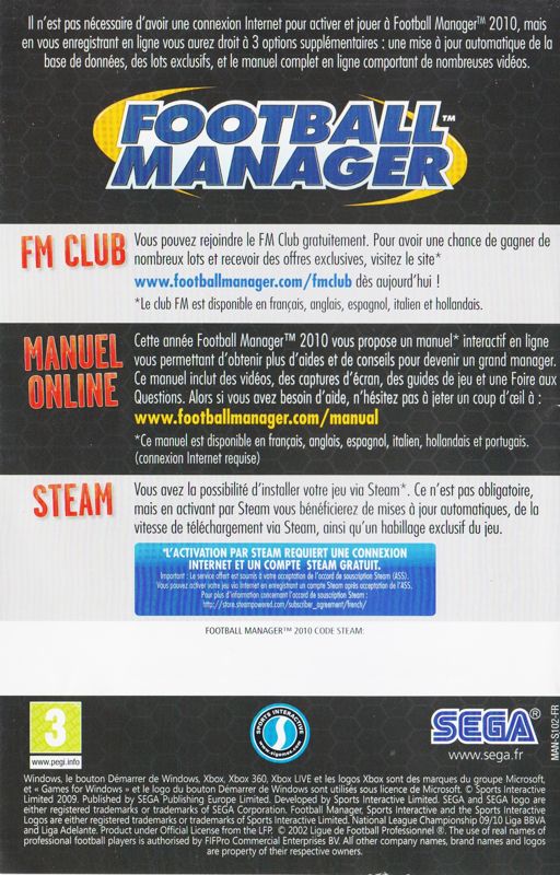 Manual for Football Manager 2010 (Macintosh and Windows): Back (16-page)