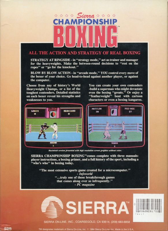 Back Cover for Sierra Championship Boxing (PC Booter)