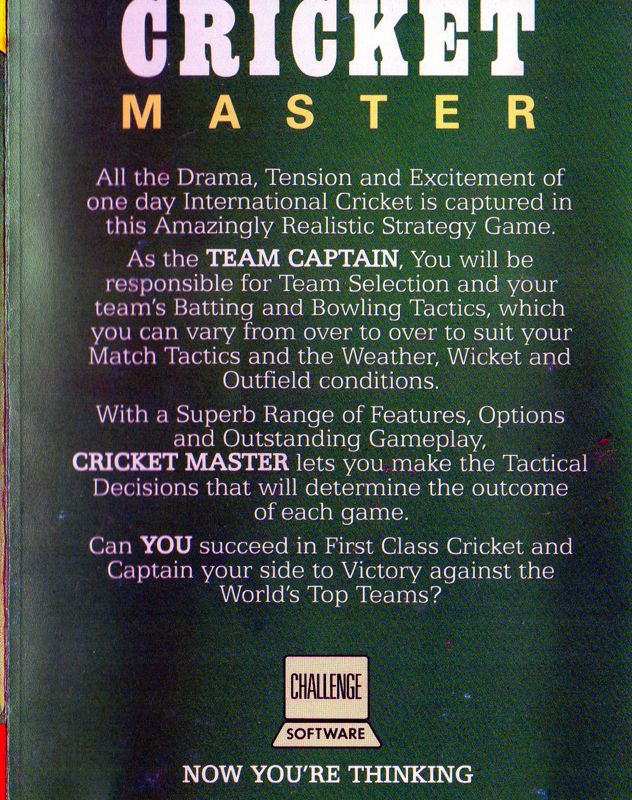 Inside Cover for Cricket Master (ZX Spectrum) (Challenge Software release)