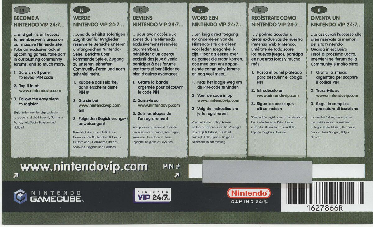 Extras for The Legend of Zelda: Twilight Princess (GameCube): Nintendo Vip card (back)