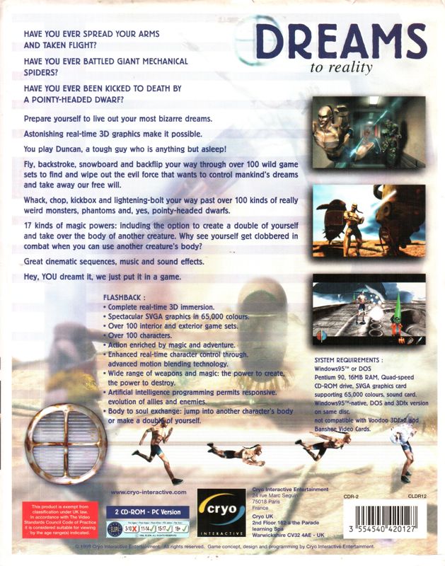 Back Cover for Dreams to Reality (DOS and Windows) ("Cryo Collection' Budget Price 1999 Re-edition)