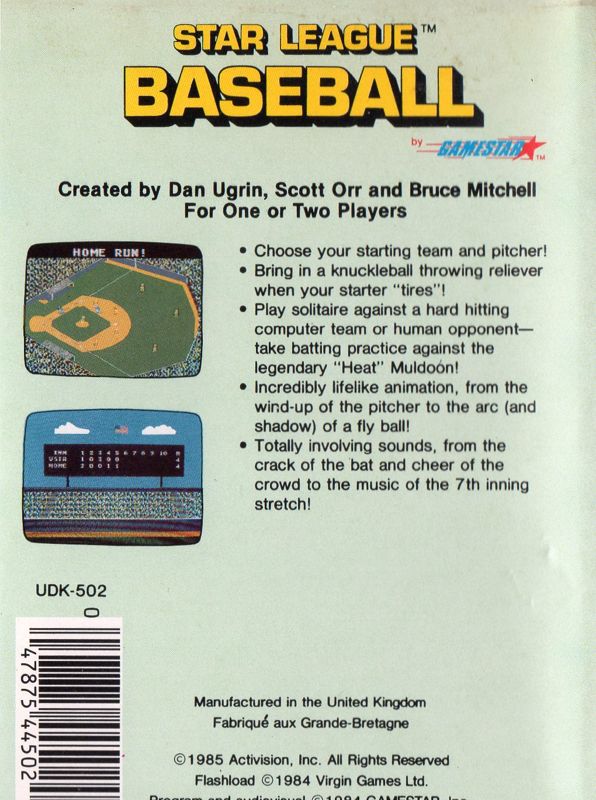 Back Cover for Star League Baseball (Commodore 64) (cassette release)
