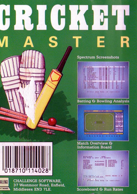 Back Cover for Cricket Master (ZX Spectrum) (Challenge Software release)