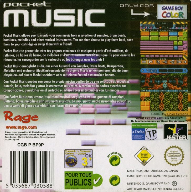 Back Cover for Pocket Music (Game Boy Color)
