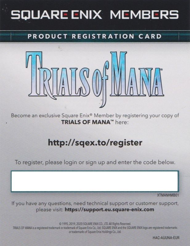 Extras for Trials of Mana (Nintendo Switch): Square Enix Registration Flyer - Front