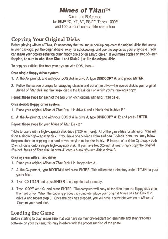 Reference Card for Mars Saga (DOS)