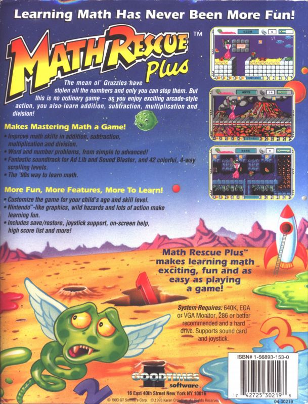 Back Cover for Math Rescue Plus (DOS)