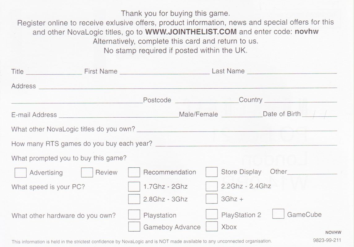 Extras for Highland Warriors (Windows): Registration Card - Back