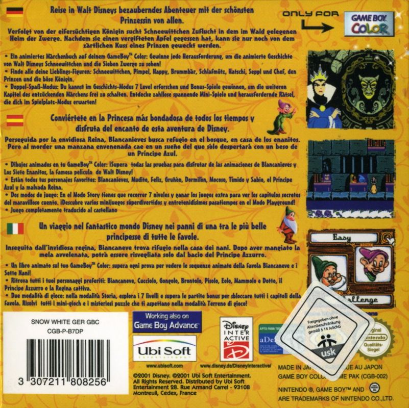 Back Cover for Walt Disney's Snow White and the Seven Dwarfs (Game Boy Color)