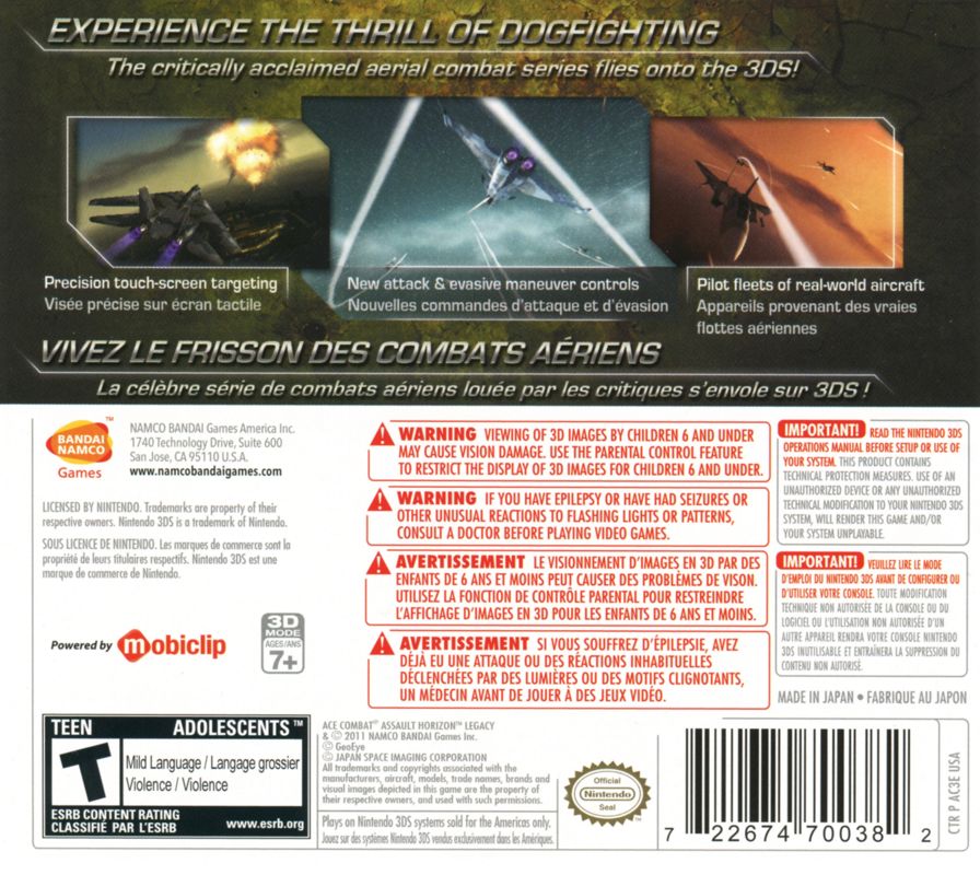 Back Cover for Ace Combat: Assault Horizon - Legacy (Nintendo 3DS)