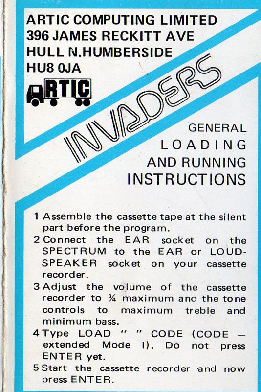 Inside Cover for Invaders (ZX Spectrum)