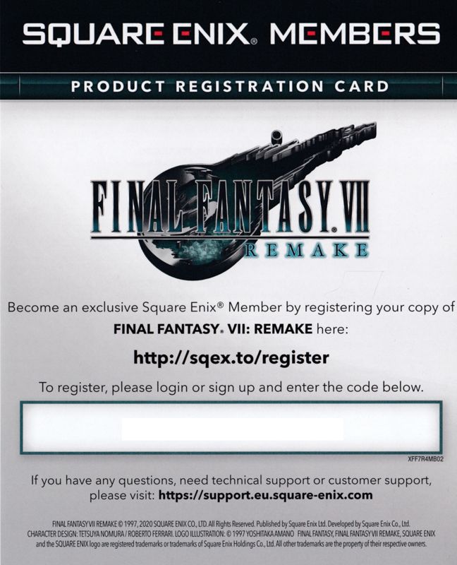 Other for Final Fantasy VII: Remake (Deluxe Edition) (PlayStation 4): Registration Card - Front