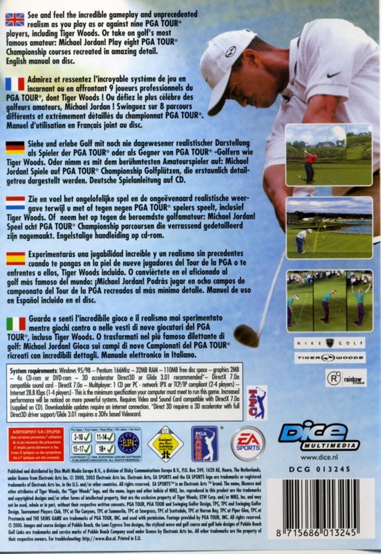 Back Cover for Tiger Woods PGA Tour 2000 (Windows) (Dice Multimedia release)