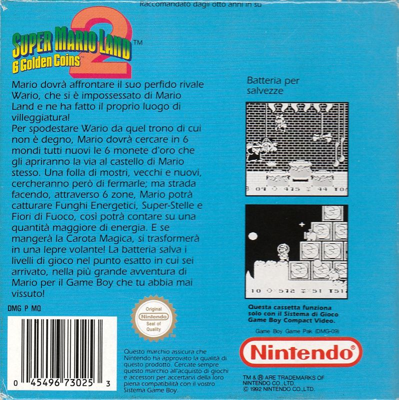 Back Cover for Super Mario Land 2: 6 Golden Coins (Game Boy)