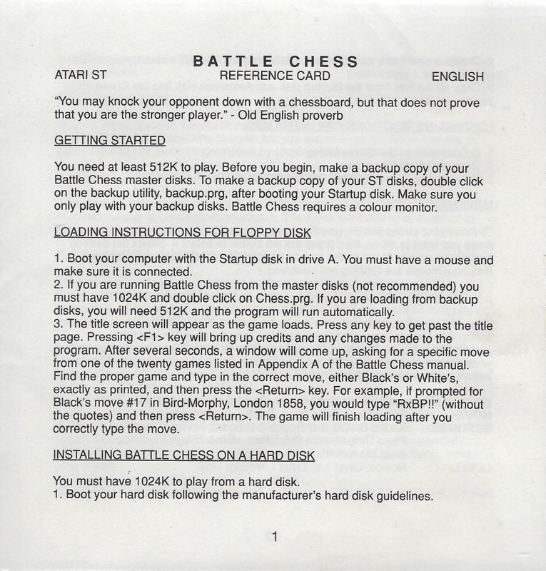 Reference Card for Battle Chess (Atari ST)