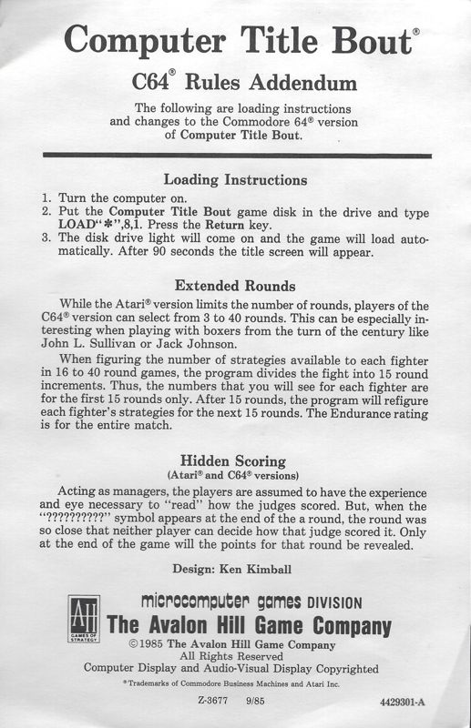Other for Computer Title Bout (Atari 8-bit and Commodore 64) (re-release): Manual addendum