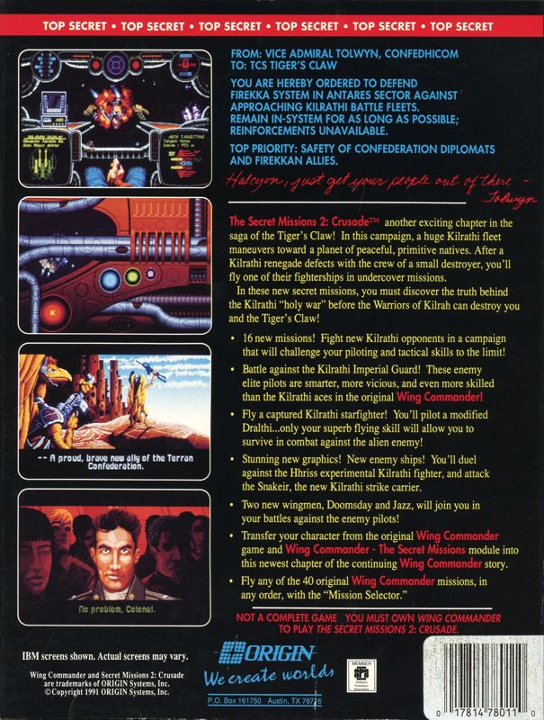 Back Cover for Wing Commander: The Secret Missions 2 - Crusade (DOS) (3.5" Floppy Disk release)