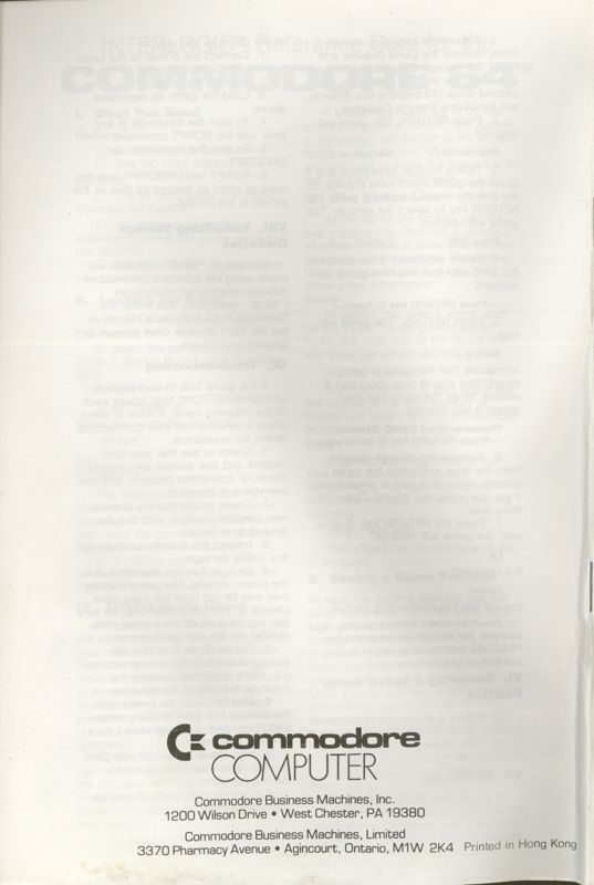 Manual for Deadline (Commodore 64): Back
