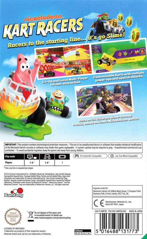 Back Cover for Nickelodeon Kart Racers (Nintendo Switch)