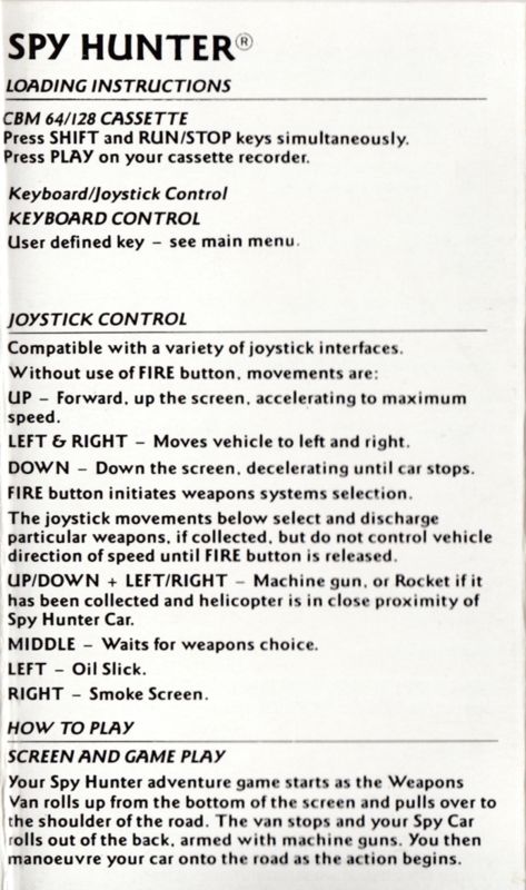 Inside Cover for Spy Hunter (Commodore 64) (KIXX Budget Release): Top Left