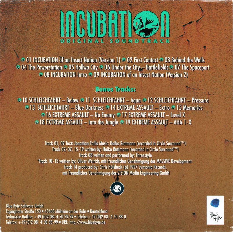 Soundtrack for Incubation: Battle Isle Phase Vier (Limitierte Exclusiv Edition) (Windows): Soundtrack Sheet - Back