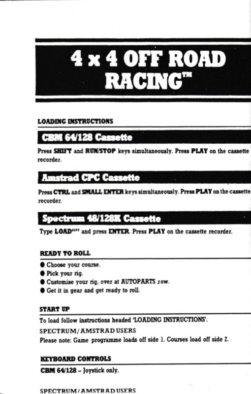 Manual for 4x4 Off-Road Racing (Commodore 64) (Kixx release): Front