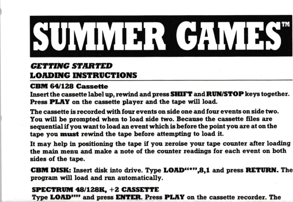 Manual for Summer Games (Commodore 64) (Budget re-release): Front