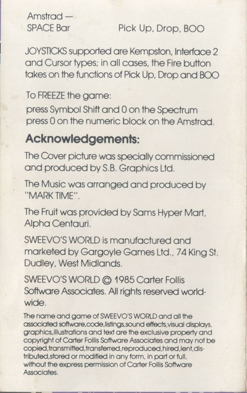 Inside Cover for Sweevo's World (Amstrad CPC)