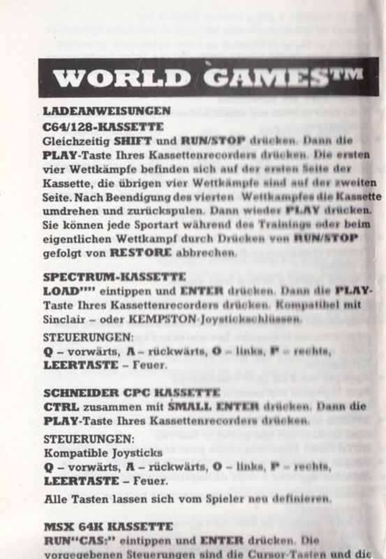 Manual for World Games (Commodore 64) (Kixx Release (Alternate Tape Design)): Front