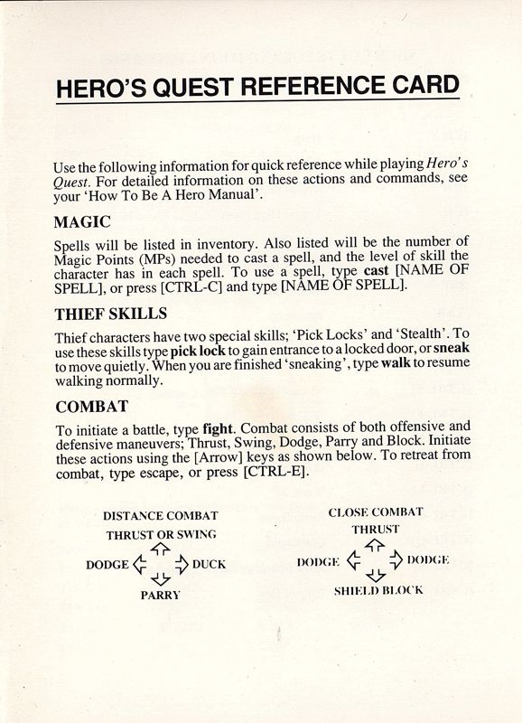 Reference Card for Hero's Quest: So You Want to Be a Hero (DOS)