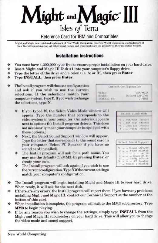 Reference Card for Might and Magic III: Isles of Terra (DOS) (3.5" version)