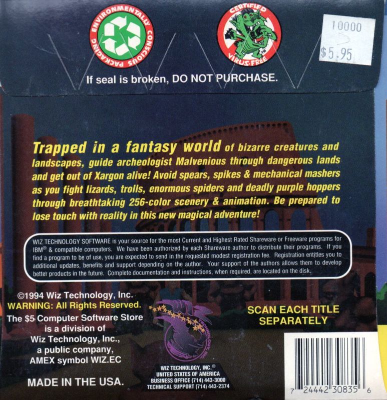 Back Cover for Xargon (DOS) (The 5$ Computer Software 3.5" shareware release)