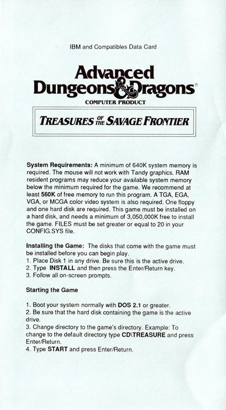 Reference Card for Treasures of the Savage Frontier (DOS)