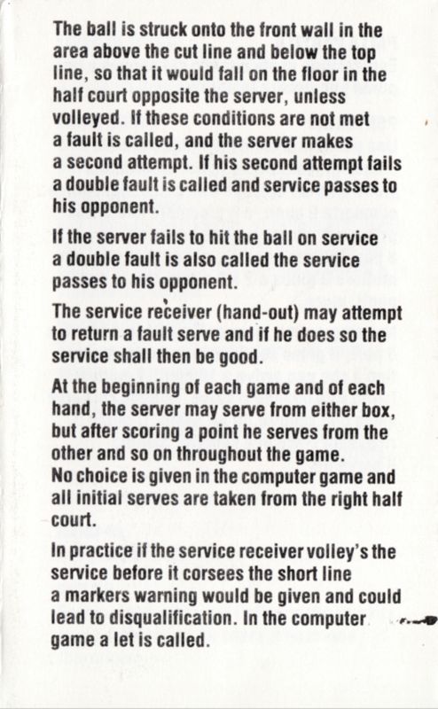 Manual for Jonah Barrington's Squash (Commodore 64): Back