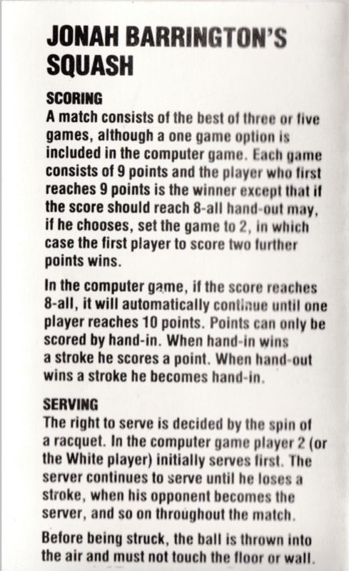 Manual for Jonah Barrington's Squash (Commodore 64): Front