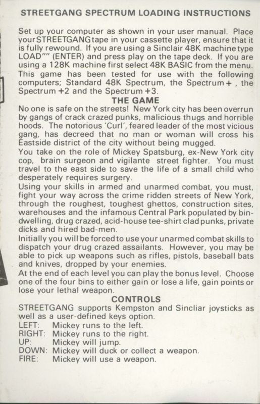 Inside Cover for Street Gang (ZX Spectrum)