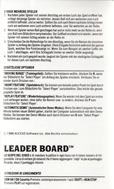 Inside Cover for Leader Board (Commodore 64) (Kixx Release)
