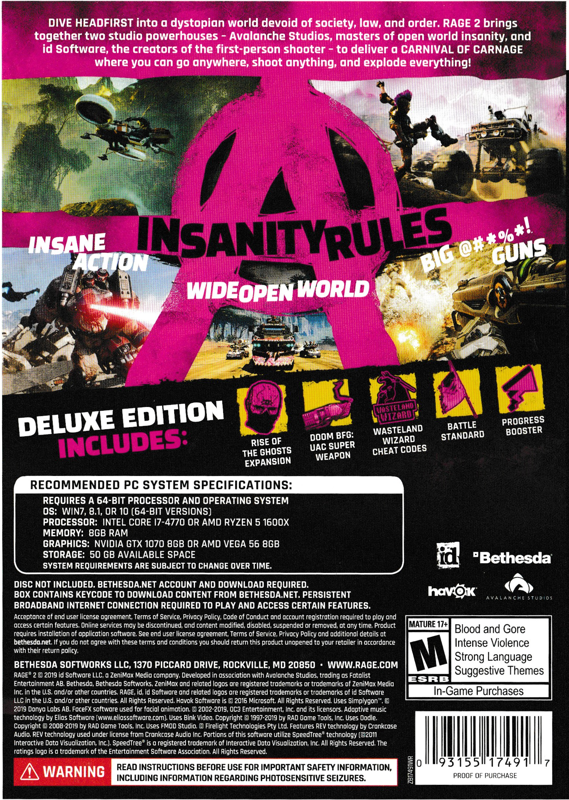 Back Cover for Rage 2 (Deluxe Edition) (Windows) (Amazon edition (with bonus controller skin))