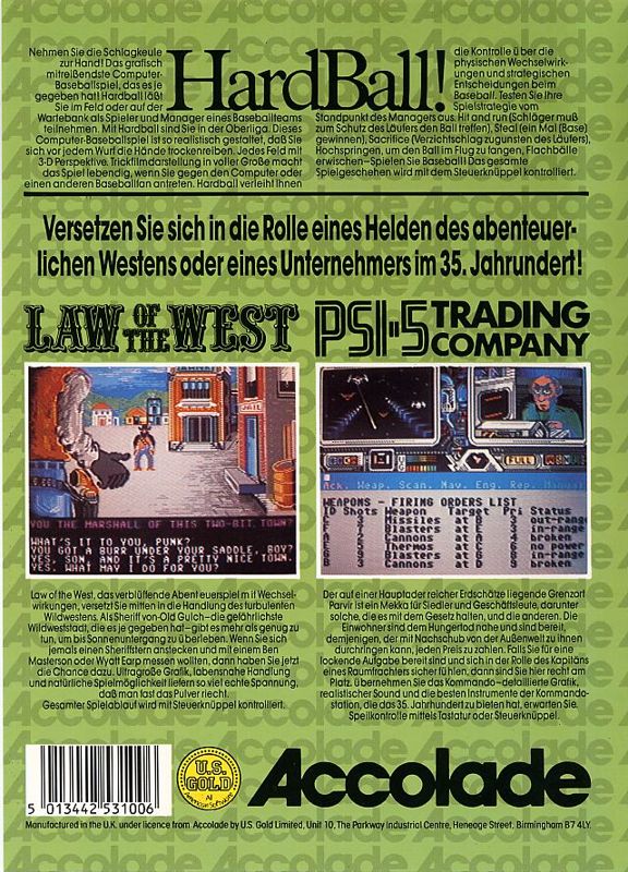 Back Cover for HardBall! (Commodore 64) (German U.S. Gold Release in plastic folder, disk)
