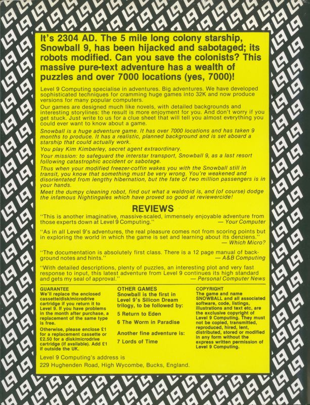 Back Cover for Snowball (ZX Spectrum)