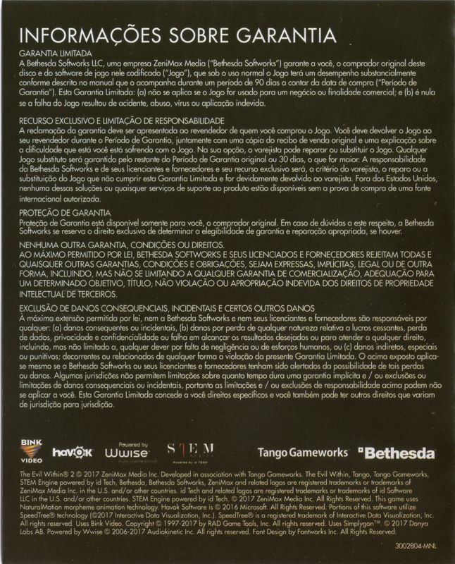 Manual for The Evil Within 2 (PlayStation 4): Back