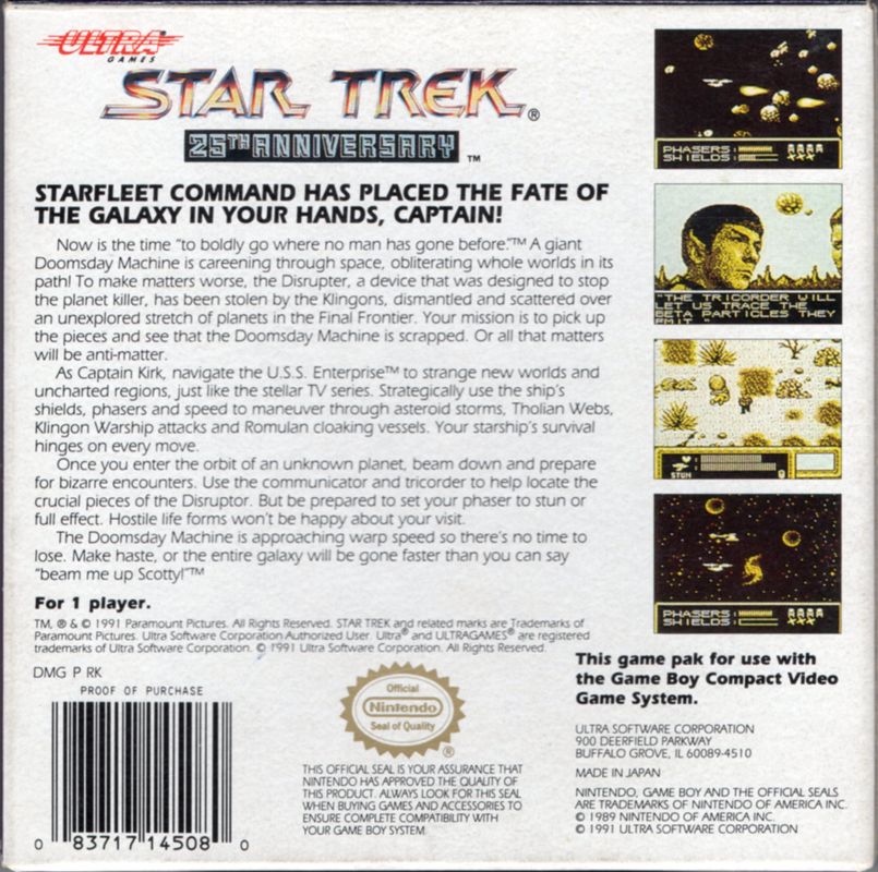 Back Cover for Star Trek: 25th Anniversary (Game Boy)