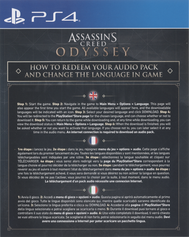 Extras for Assassin's Creed: Odyssey (PlayStation 4) (First Print version with flyer for The Blind King DLC Quest): Audio Pack Redeem Flyer - Front