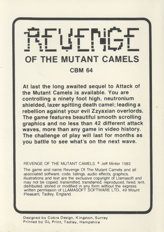 Back Cover for Revenge of the Mutant Camels (Commodore 64)