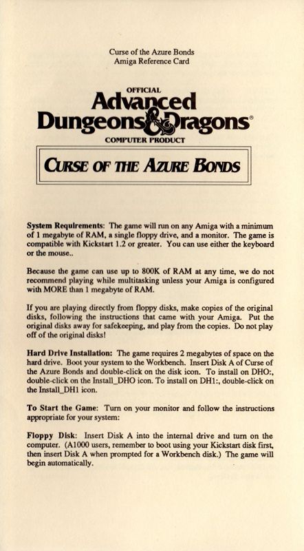 Reference Card for Curse of the Azure Bonds (Amiga)