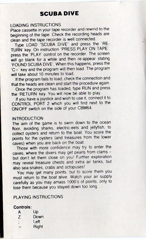 Inside Cover for Scuba Dive (Commodore 64)