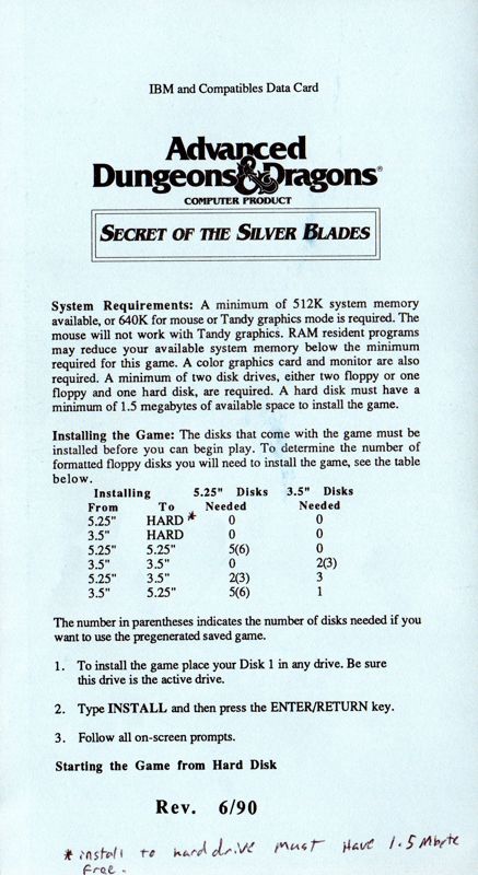 Reference Card for Secret of the Silver Blades (DOS)