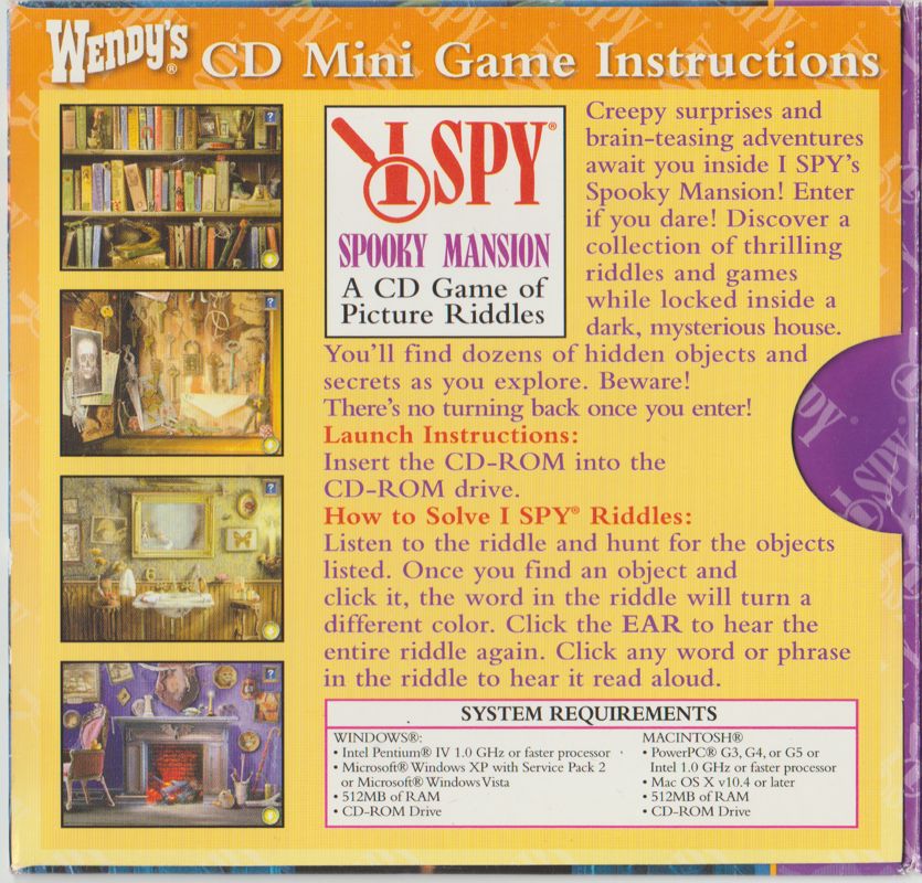 Inside Cover for I Spy: Spooky Mansion (Macintosh and Windows) (Wendy's Kids' Meal release)